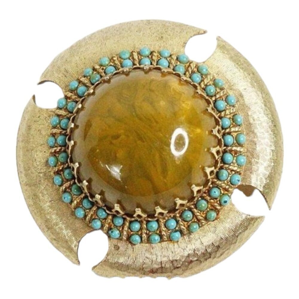 Cadoro Brooch Gold Plated High Dome Amber Bakelite Turquoise​​​